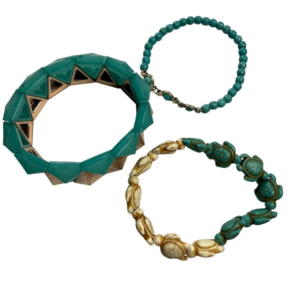 Set Of 3 Women Bracelets - Beaded Stretch Assortment Turtles Geometric Shapes
